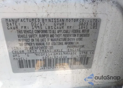 2017 Nissan Sentra Sv из США, поврежденный, VIN 3N1AB7AP2HY331301